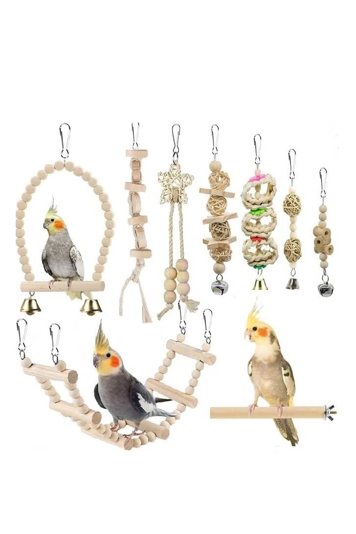 Natural Wood Bird and Parrot Swing Toys Includes Hanging Chew Swing, Climbing Ladder and Bird Cage for Parrot, Parakeet, Conure, Cockatiel, Mynah, Lovebirds and Finches, 9 Pieces - Image 1
