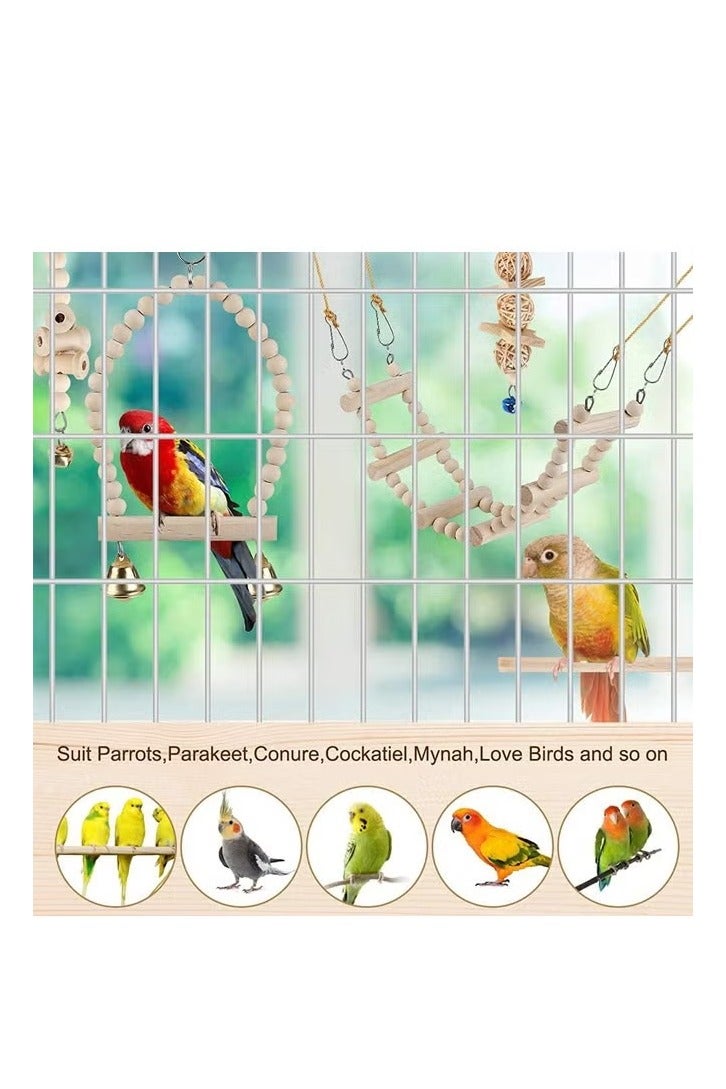 Natural Wood Bird and Parrot Swing Toys Includes Hanging Chew Swing, Climbing Ladder and Bird Cage for Parrot, Parakeet, Conure, Cockatiel, Mynah, Lovebirds and Finches, 9 Pieces - Image 2