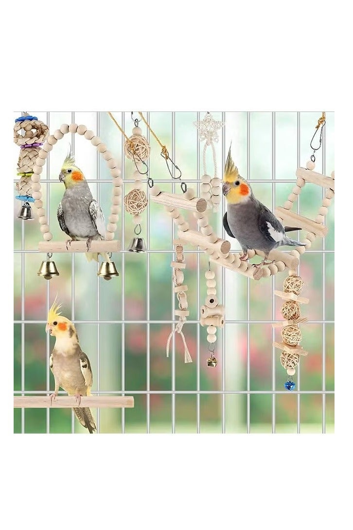 Natural Wood Bird and Parrot Swing Toys Includes Hanging Chew Swing, Climbing Ladder and Bird Cage for Parrot, Parakeet, Conure, Cockatiel, Mynah, Lovebirds and Finches, 9 Pieces - Image 3