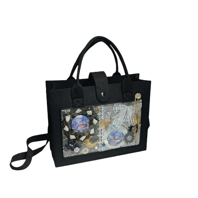 Hileapx Ita Bag Felt Tote with Clear Pin Display Window, Cute Kawaii Crossbody Bag for Anime Pins and Kpop Fans, Lightweight Aesthetic Convention Bag, Black - Image 1