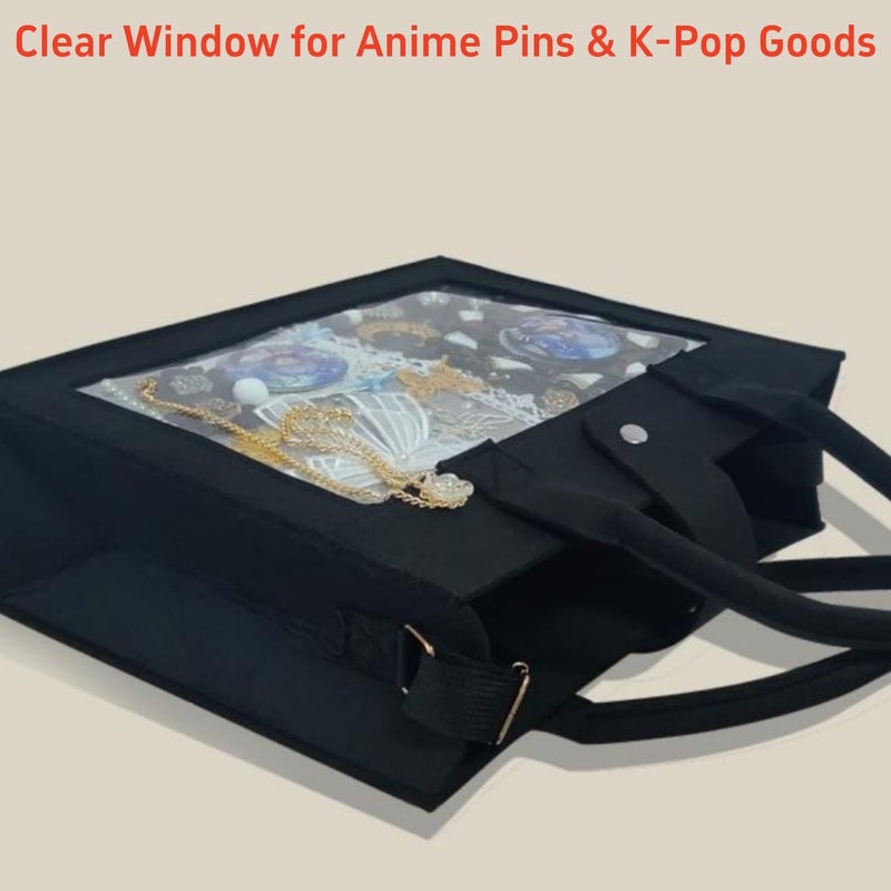 Hileapx Ita Bag Felt Tote with Clear Pin Display Window, Cute Kawaii Crossbody Bag for Anime Pins and Kpop Fans, Lightweight Aesthetic Convention Bag, Black - Image 4