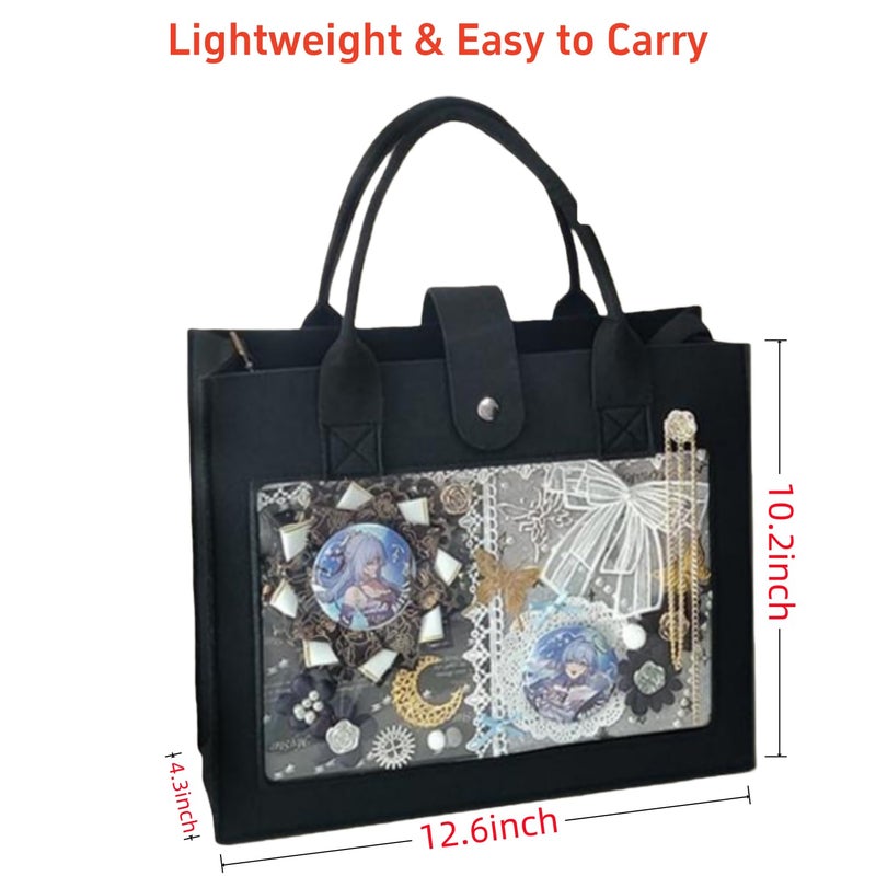 Hileapx Ita Bag Felt Tote with Clear Pin Display Window, Cute Kawaii Crossbody Bag for Anime Pins and Kpop Fans, Lightweight Aesthetic Convention Bag, Black - Image 2