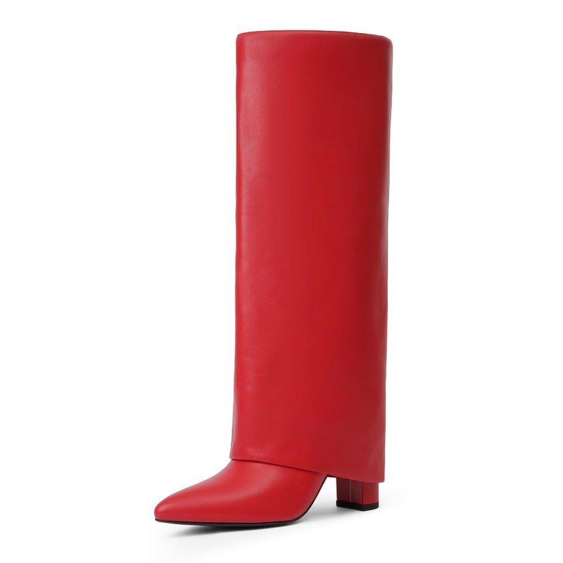 Modatope Womens Boots Red Fold Over Knee High Boots Chunky Heel Boots for Women Pointed Toe Tall Boots Dress Long Shark Boots Size 9.5 - Image 1