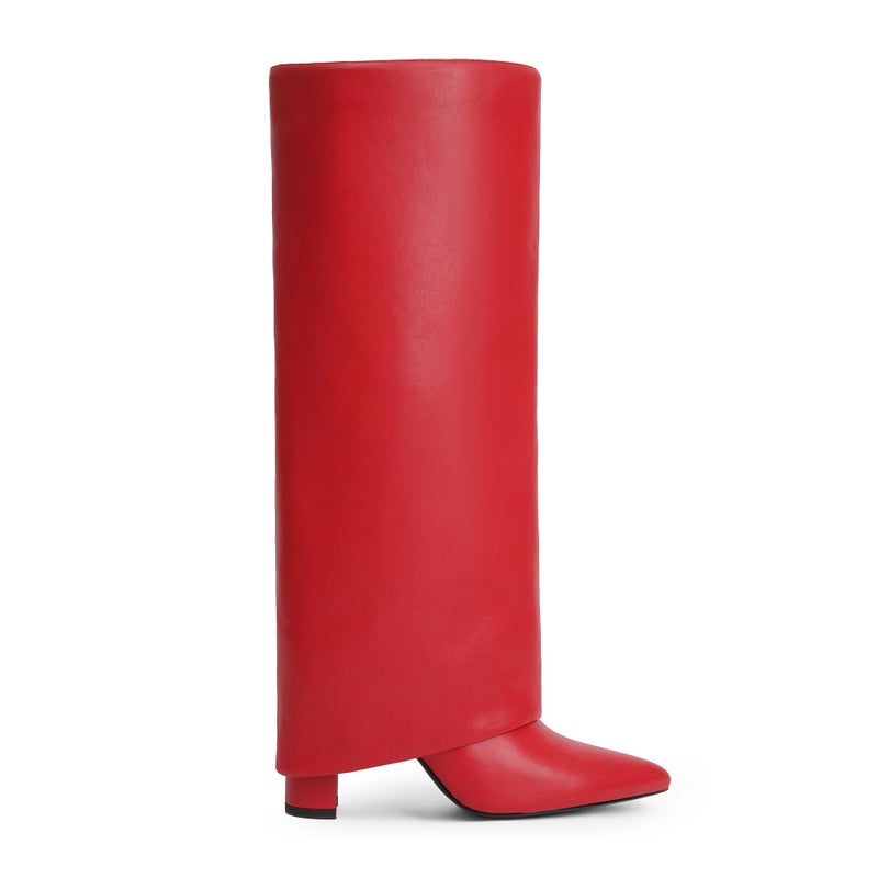 Modatope Womens Boots Red Fold Over Knee High Boots Chunky Heel Boots for Women Pointed Toe Tall Boots Dress Long Shark Boots Size 9.5 - Image 4
