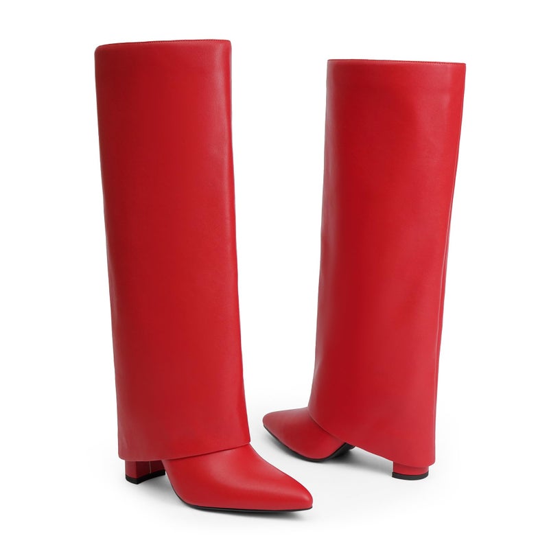 Modatope Womens Boots Red Fold Over Knee High Boots Chunky Heel Boots for Women Pointed Toe Tall Boots Dress Long Shark Boots Size 9.5 - Image 5