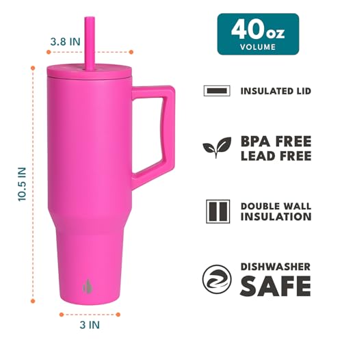 Elemental 40 oz Tumbler with Handle and Straw Spill Proof Insulated Stainless Steel Commuter for Cold Beverages Travel Coffee Mug with 2 Straws Spill Proof Lid 40oz Hot Pink - Image 3