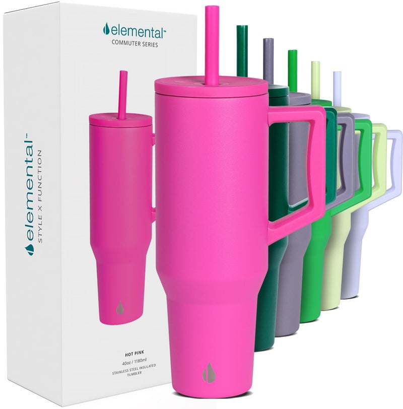 Elemental 40 oz Tumbler with Handle and Straw Spill Proof Insulated Stainless Steel Commuter for Cold Beverages Travel Coffee Mug with 2 Straws Spill Proof Lid 40oz Hot Pink - Image 2