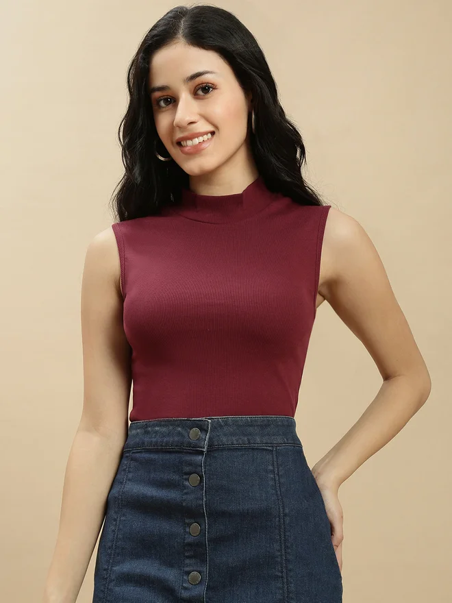 Ecolore Burgundy Solid High Neck Sleeveless Top