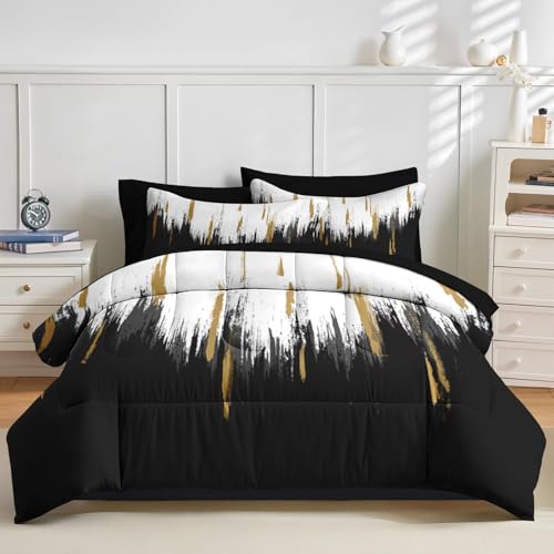 Nesker Comforter Set King Size, Black Gold White 7 Pcs Bedding for Kids and Adults, Abstract Oil Painting Bed Sheet Sets with Fitted Sheet 2 Pillowcases & 2 Shams - Image 3