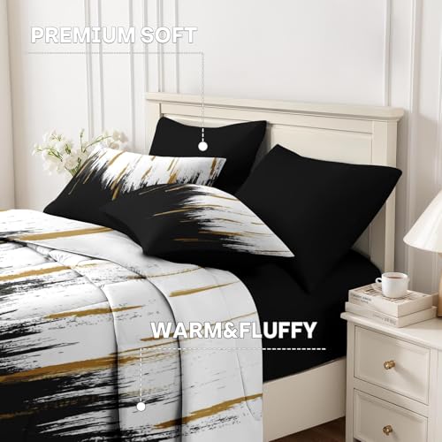 Nesker Comforter Set King Size, Black Gold White 7 Pcs Bedding for Kids and Adults, Abstract Oil Painting Bed Sheet Sets with Fitted Sheet 2 Pillowcases & 2 Shams - Image 5