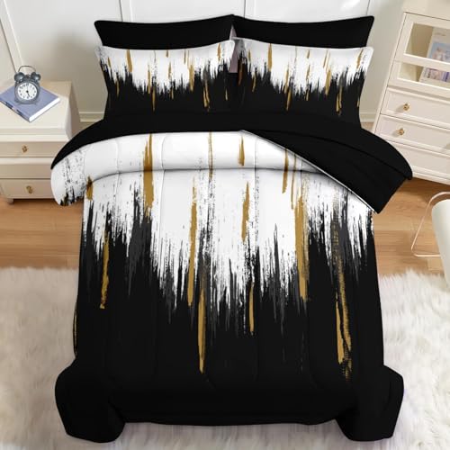 Nesker Comforter Set King Size, Black Gold White 7 Pcs Bedding for Kids and Adults, Abstract Oil Painting Bed Sheet Sets with Fitted Sheet 2 Pillowcases & 2 Shams - Image 1