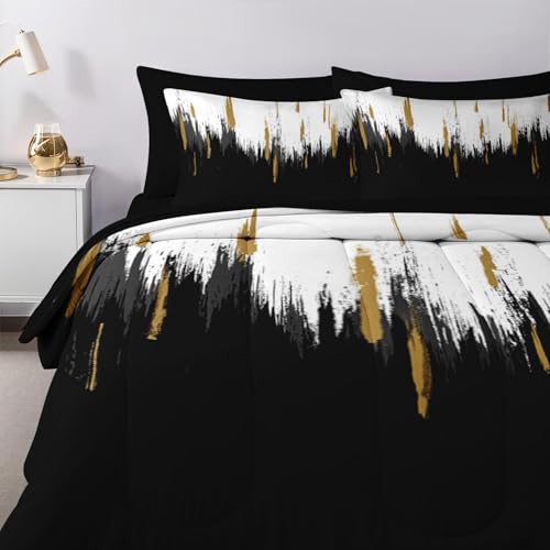 Nesker Comforter Set King Size, Black Gold White 7 Pcs Bedding for Kids and Adults, Abstract Oil Painting Bed Sheet Sets with Fitted Sheet 2 Pillowcases & 2 Shams - Image 4