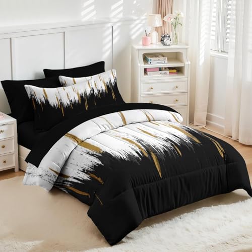 Nesker Comforter Set King Size, Black Gold White 7 Pcs Bedding for Kids and Adults, Abstract Oil Painting Bed Sheet Sets with Fitted Sheet 2 Pillowcases & 2 Shams - Image 2