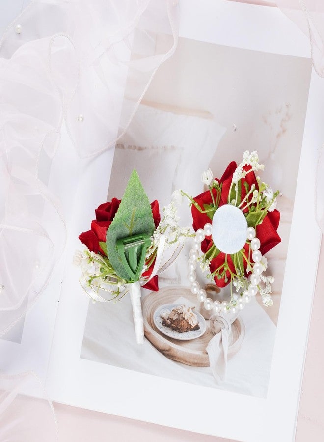 yeabwps 2 Pcs Red Corsage and Boutonniere Set Artificial Rose Corsage Writlet Band Faux Pearl Bracelet for Prom Decor and Boutonniere for Men Wedding Party Suit Flower Accessories (Red) - Image 4