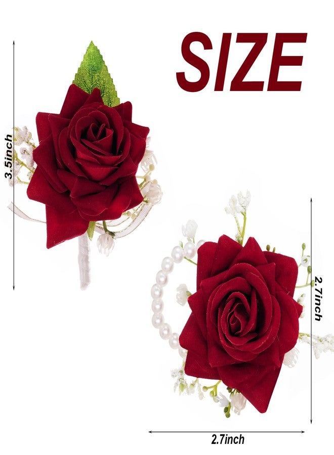 yeabwps 2 Pcs Red Corsage and Boutonniere Set Artificial Rose Corsage Writlet Band Faux Pearl Bracelet for Prom Decor and Boutonniere for Men Wedding Party Suit Flower Accessories (Red) - Image 2