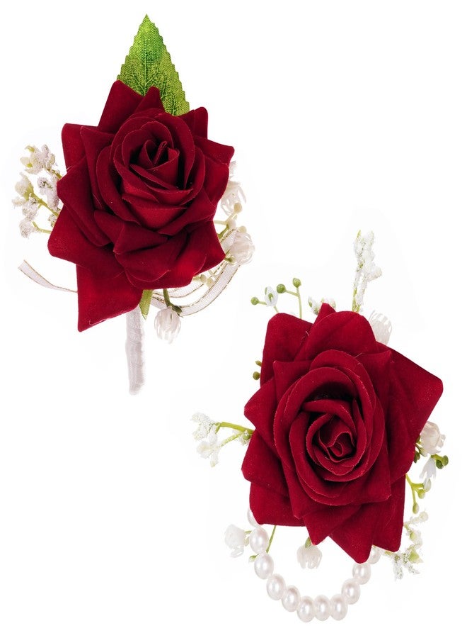 yeabwps 2 Pcs Red Corsage and Boutonniere Set Artificial Rose Corsage Writlet Band Faux Pearl Bracelet for Prom Decor and Boutonniere for Men Wedding Party Suit Flower Accessories (Red) - Image 1