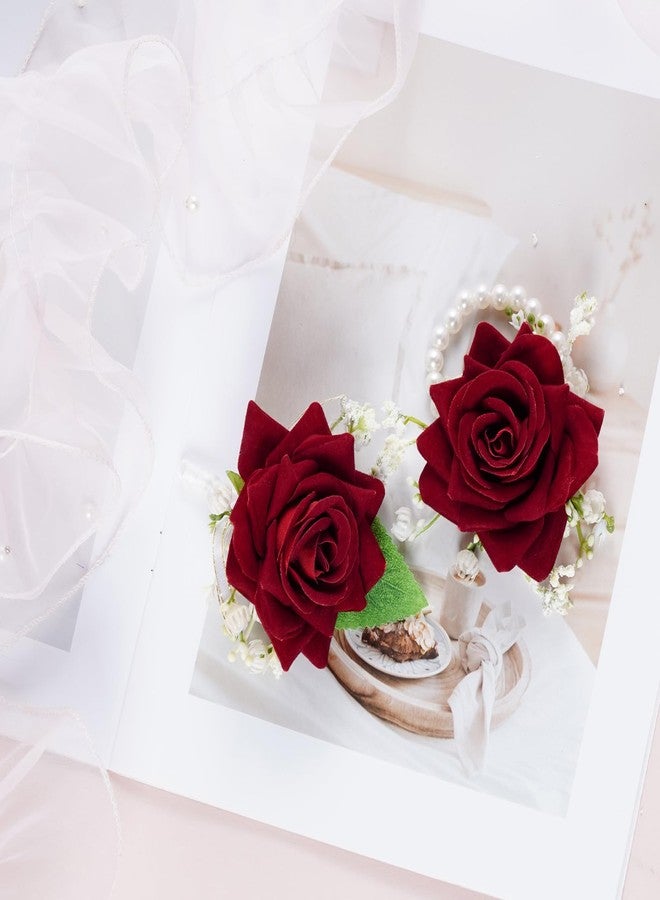yeabwps 2 Pcs Red Corsage and Boutonniere Set Artificial Rose Corsage Writlet Band Faux Pearl Bracelet for Prom Decor and Boutonniere for Men Wedding Party Suit Flower Accessories (Red) - Image 3
