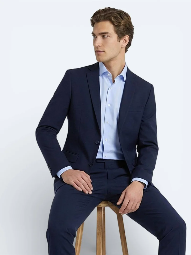 Kip Navy Blue Plain Slim Fit Wool Blended Suit
