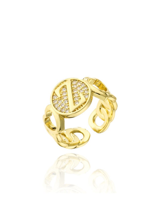New Light Luxury Copper Inlaid Zircon 18k Real Gold Heart Smooth Letter Adjustable Ring Versatile Personality Ring