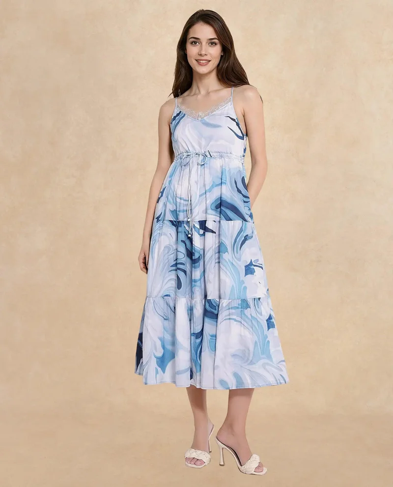 Rareism Women's Abstract Print Fit And Flare Shoulder Strap Midi Dress