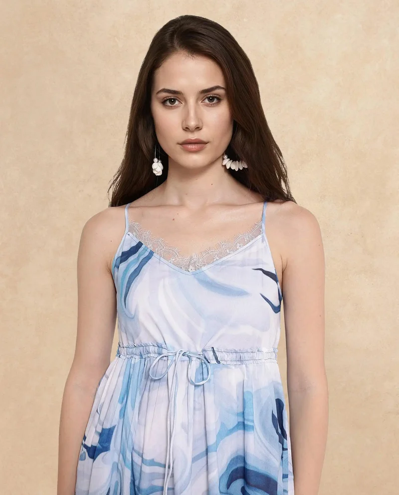 Rareism Women's Abstract Print Fit And Flare Shoulder Strap Midi Dress