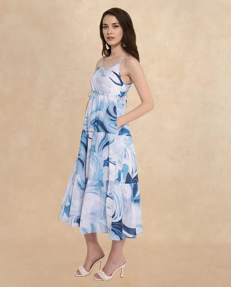 Rareism Women's Abstract Print Fit And Flare Shoulder Strap Midi Dress