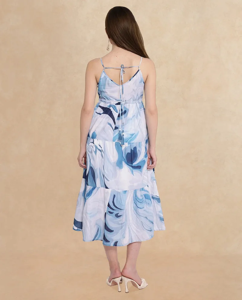 Rareism Women's Abstract Print Fit And Flare Shoulder Strap Midi Dress