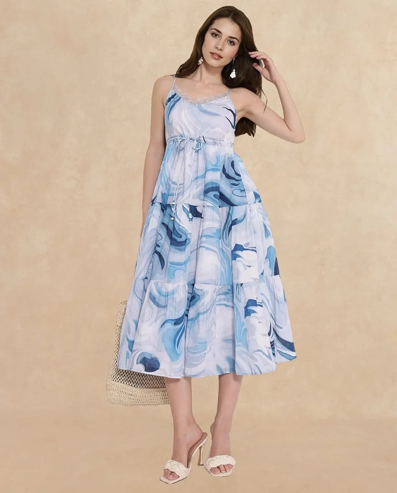 Rareism Women's Abstract Print Fit And Flare Shoulder Strap Midi Dress