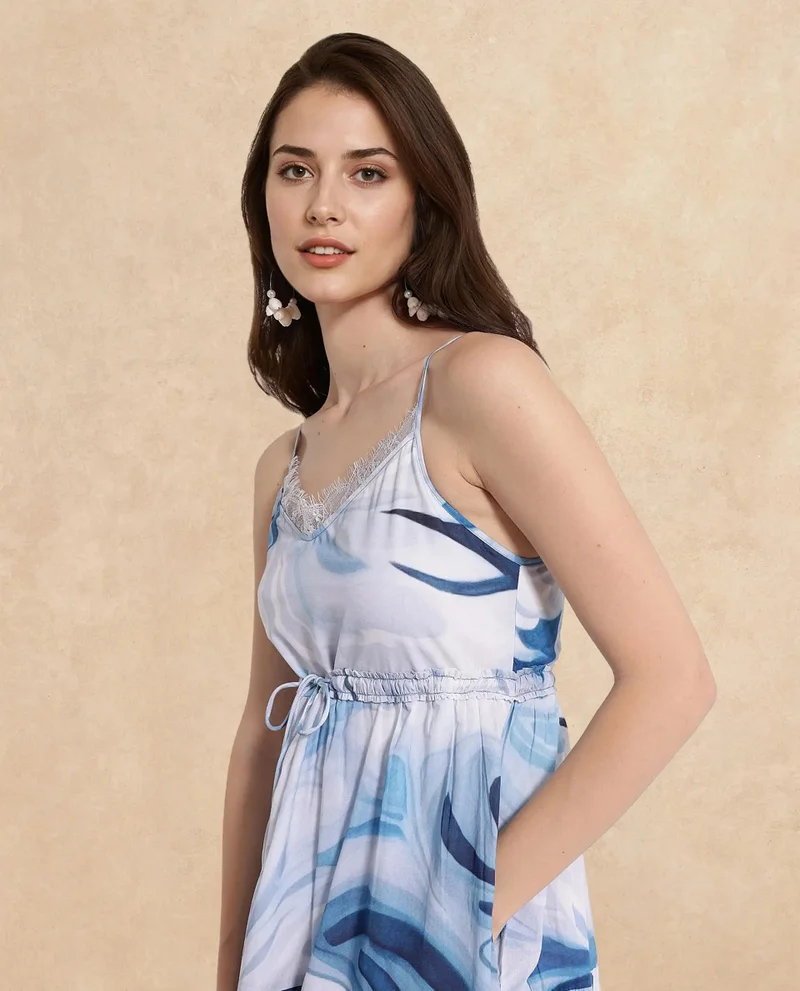 Rareism Women's Abstract Print Fit And Flare Shoulder Strap Midi Dress
