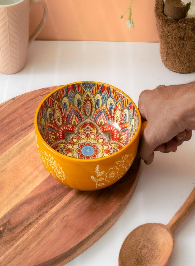 Femora Ceramic Snack Bowl with Handle | Serving Bowl with Handle | Microwave & Dishwasher Safe Big Bowls Perfect for Snacks, Noodles, Salads, Soup, Baking-Mandana Print - Image 5