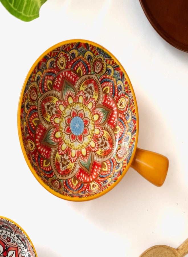 Femora Ceramic Snack Bowl with Handle | Serving Bowl with Handle | Microwave & Dishwasher Safe Big Bowls Perfect for Snacks, Noodles, Salads, Soup, Baking-Mandana Print - Image 1