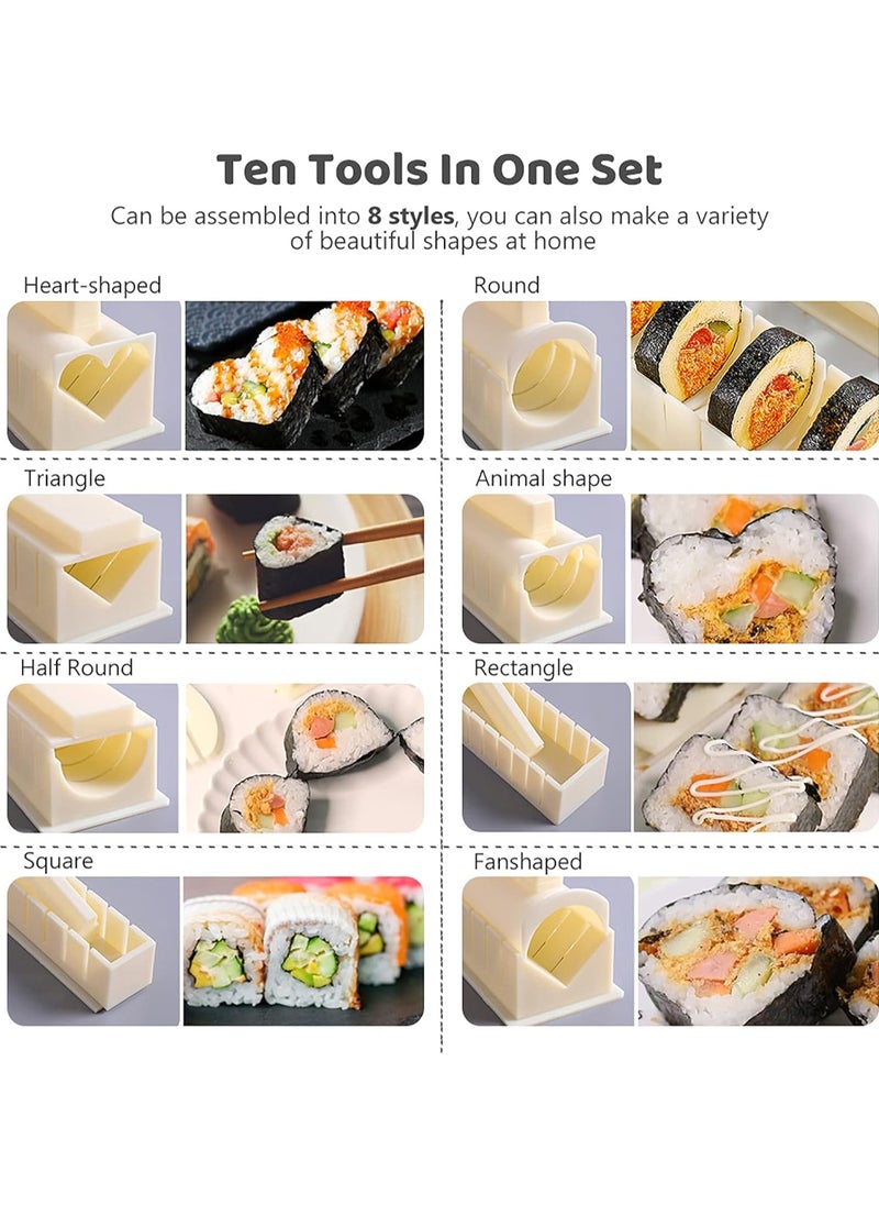 Generic - Sushi Making Kit- All In One Sushi Set 10 Piece Plastic Sushi Maker Tool with 8 Different Shapes of Sushi Rice Roll Mold Shapes Fork Spatula DIY home Sushi Tools- Off-white - Image 1