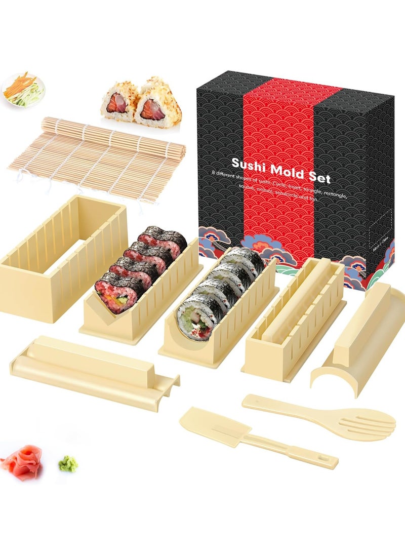Generic - Sushi Making Kit- All In One Sushi Set 10 Piece Plastic Sushi Maker Tool with 8 Different Shapes of Sushi Rice Roll Mold Shapes Fork Spatula DIY home Sushi Tools- Off-white - Image 1