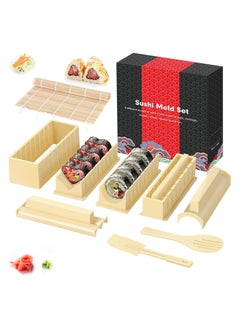 Sushi Making Kit- All In One Sushi Set 10 Piece Plastic Sushi Maker Tool with 8 Different Shapes of Sushi Rice Roll Mold Shapes Fork Spatula DIY home Sushi Tools- Off-white