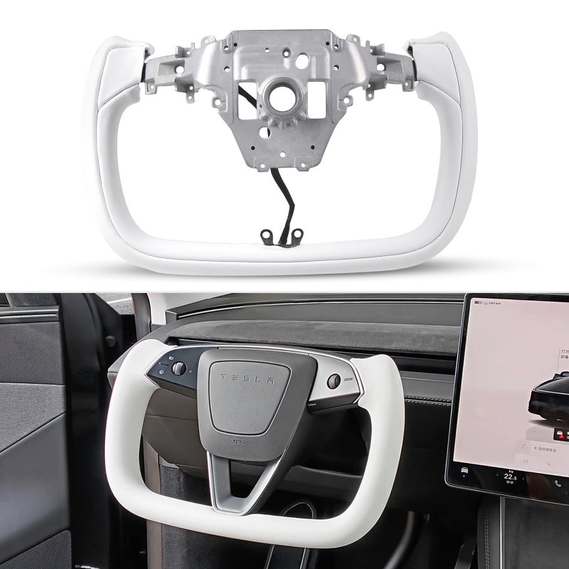 Yoke Steering Wheel Personalized for Tesla Model Y Juniper 2025 Nappa Leather for Tesla Model Y Accessories With Heating Function No Front Trim White Nappa Glossy Carbon Fiber
