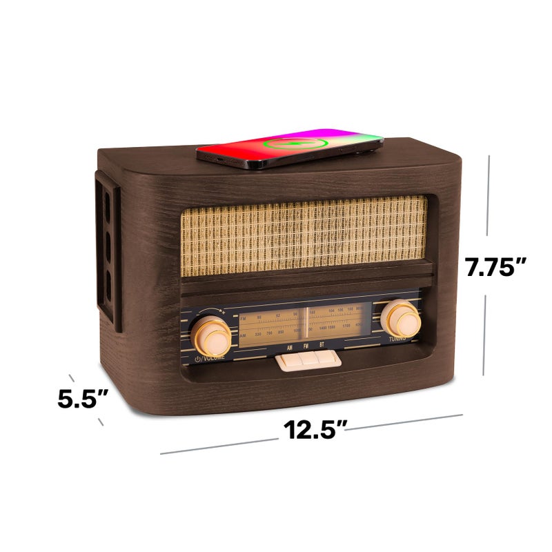 Fuse Vint Vintage Wood Retro Radio | Wireless Charging Pad | AM/FM Radio Speaker with Bluetooth & AUX Input | Mid-Century Modern Design | Handcrafted Ashtree Wood Exterior - Image 3