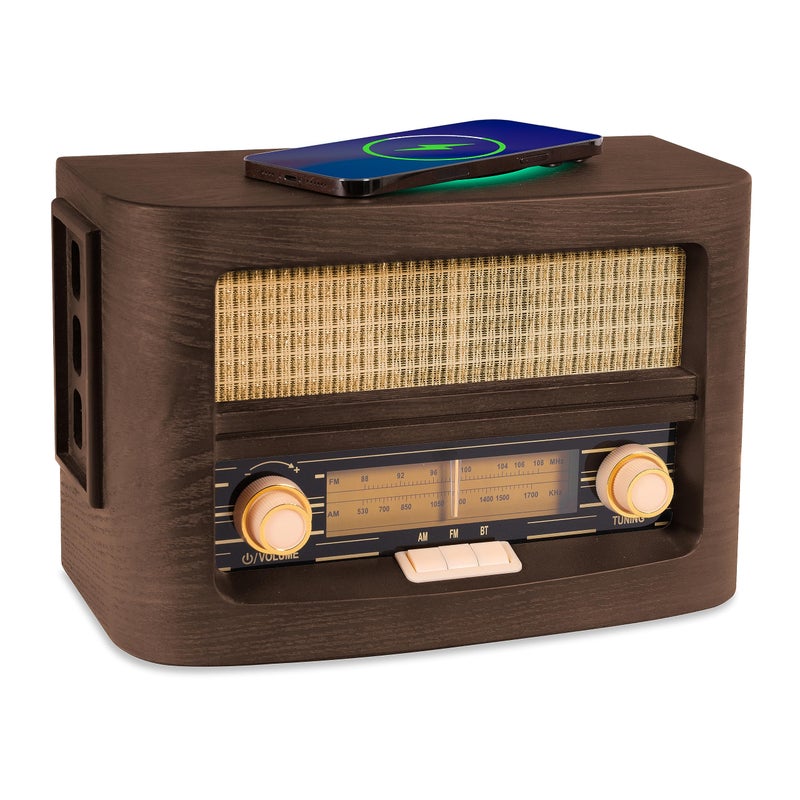 Fuse Vint Vintage Wood Retro Radio | Wireless Charging Pad | AM/FM Radio Speaker with Bluetooth & AUX Input | Mid-Century Modern Design | Handcrafted Ashtree Wood Exterior - Image 1
