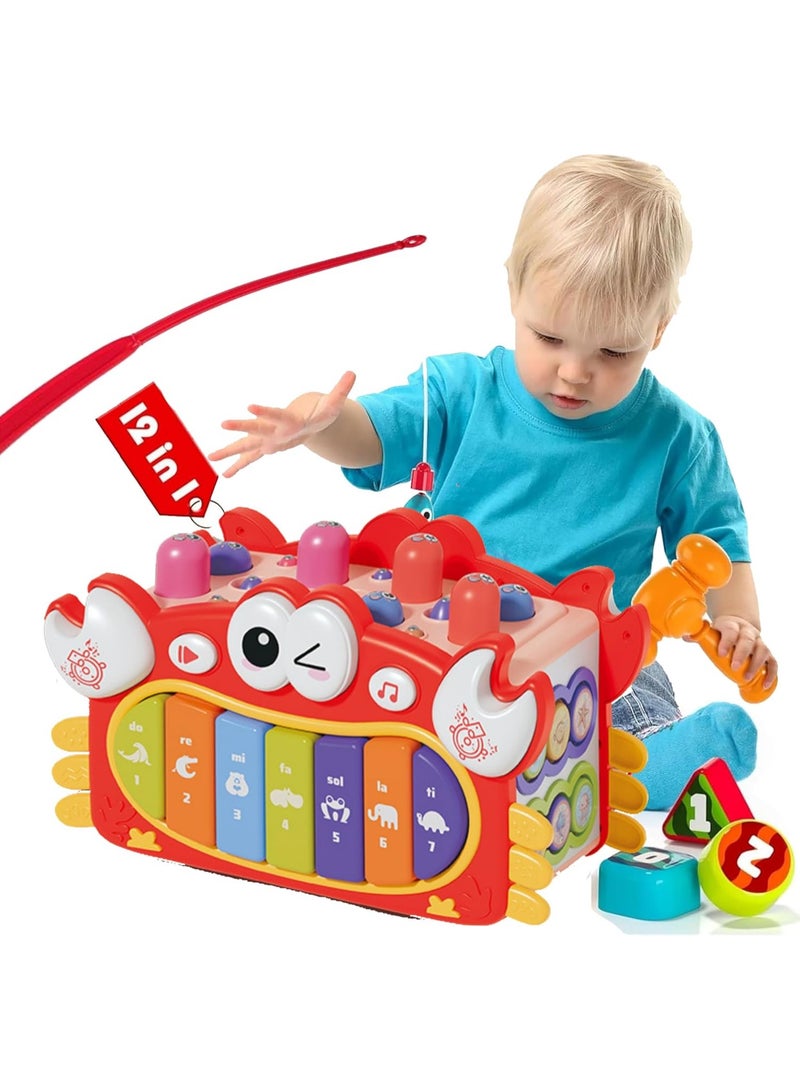 Soofam Crab Baby Toys for 1 Year Old, 12 in 1 Montessori Activity Cube, Busy Musical Learning Toys, Fishing, Piano, Drums, Shape Sorter, 1 2 3 Year Old Birthday Gift (Red) - Image 1