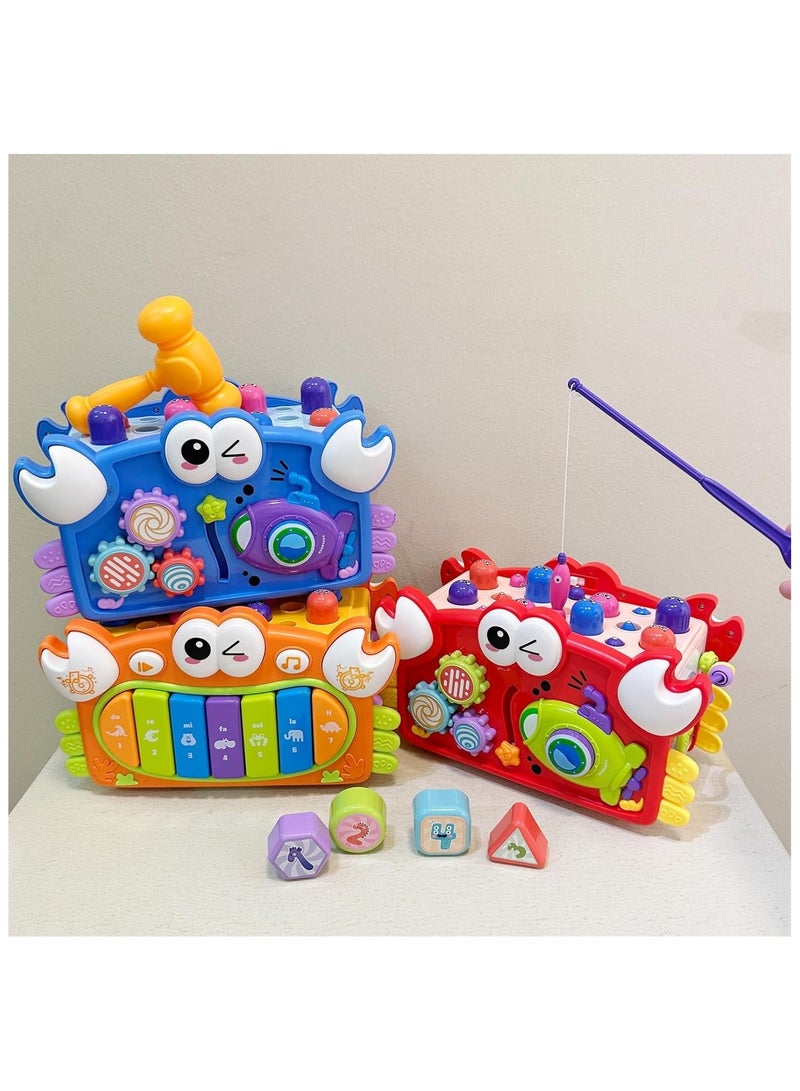 Soofam Crab Baby Toys for 1 Year Old, 12 in 1 Montessori Activity Cube, Busy Musical Learning Toys, Fishing, Piano, Drums, Shape Sorter, 1 2 3 Year Old Birthday Gift (Red) - Image 5