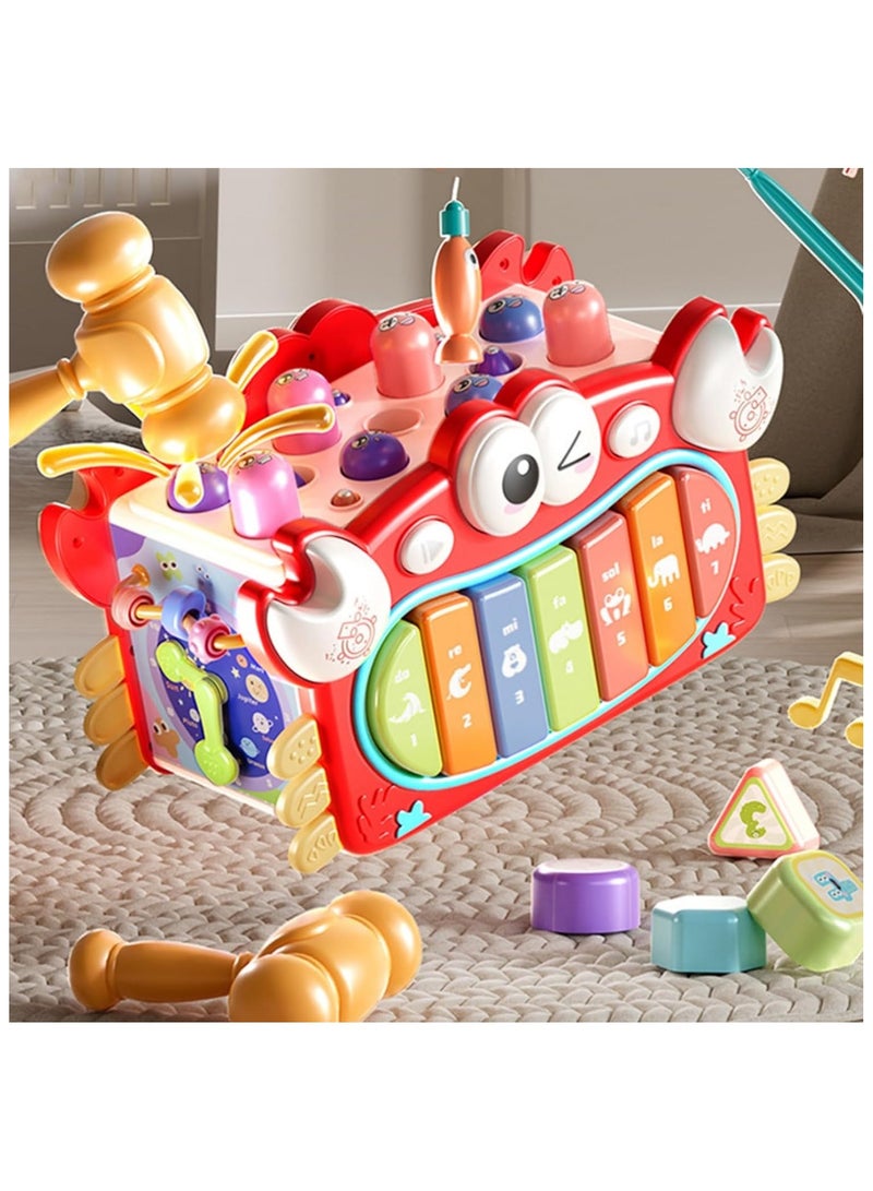 Soofam Crab Baby Toys for 1 Year Old, 12 in 1 Montessori Activity Cube, Busy Musical Learning Toys, Fishing, Piano, Drums, Shape Sorter, 1 2 3 Year Old Birthday Gift (Red) - Image 2