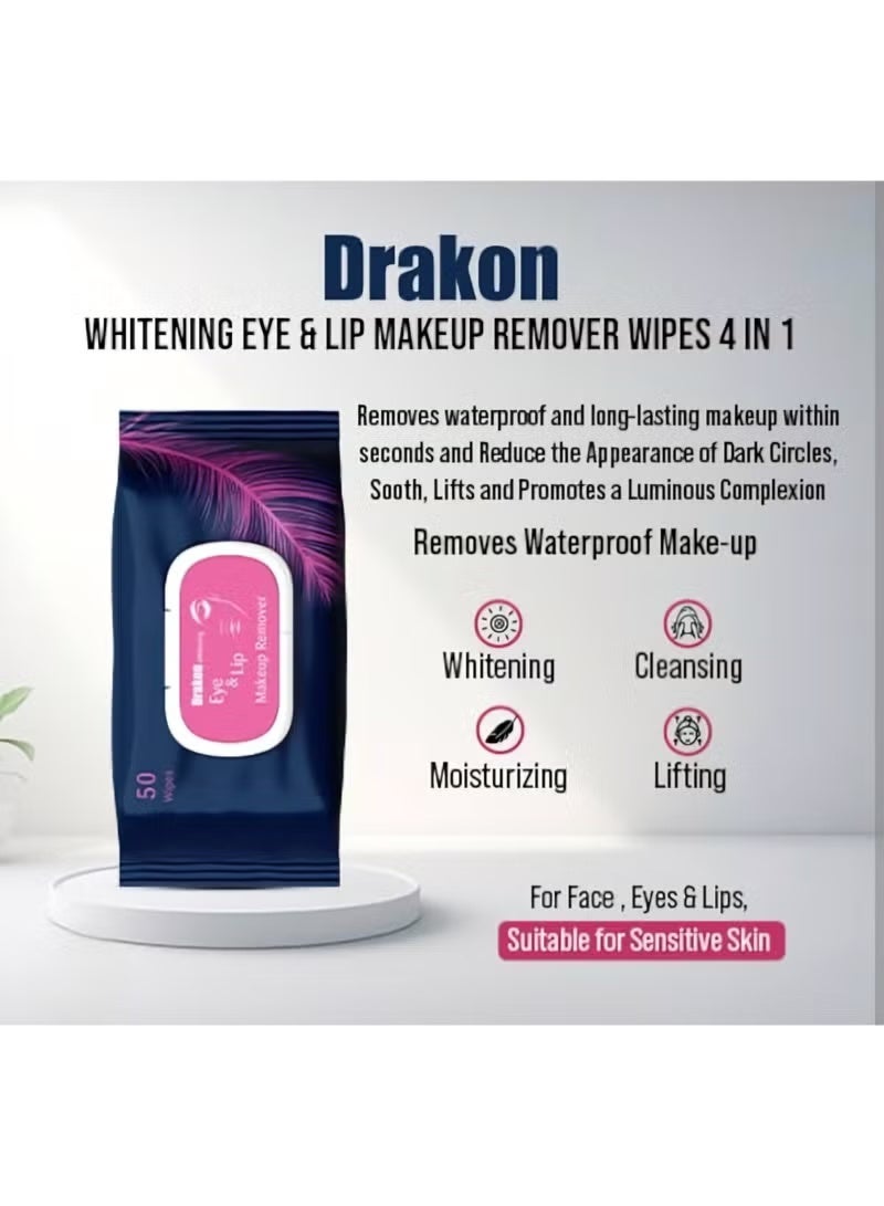 Drakon Eye & Lips Makeup Remover Wipes 4 In 1 For Face , Eyes & Lips Suitable For Sensitive Skin 50 Wipes - Image 2