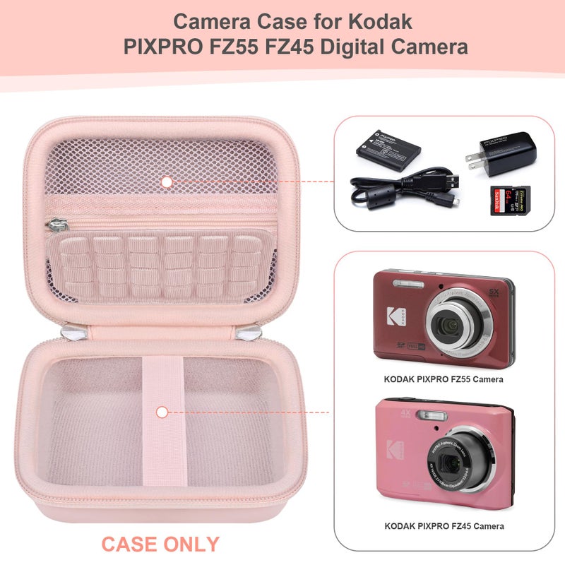 RAIALL Camera Case for KODAK PIXPRO FZ55 / FZ45 Digital Camera  Vlogging Camera Hard Carrying Case Protective Travel Bag  Mesh Pocket for Charger  USB Cable  Batteries and SD Card  Pink - Image 3
