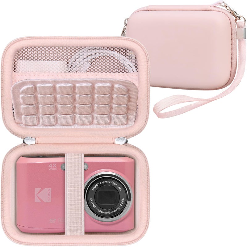 RAIALL Camera Case for KODAK PIXPRO FZ55 / FZ45 Digital Camera  Vlogging Camera Hard Carrying Case Protective Travel Bag  Mesh Pocket for Charger  USB Cable  Batteries and SD Card  Pink - Image 1
