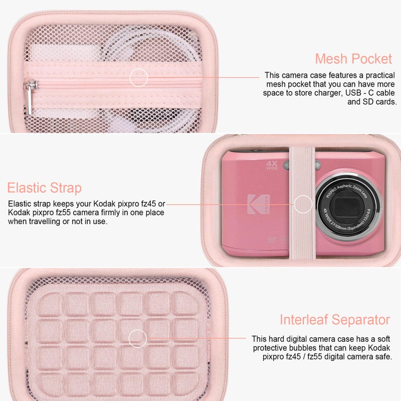 RAIALL Camera Case for KODAK PIXPRO FZ55 / FZ45 Digital Camera  Vlogging Camera Hard Carrying Case Protective Travel Bag  Mesh Pocket for Charger  USB Cable  Batteries and SD Card  Pink - Image 4