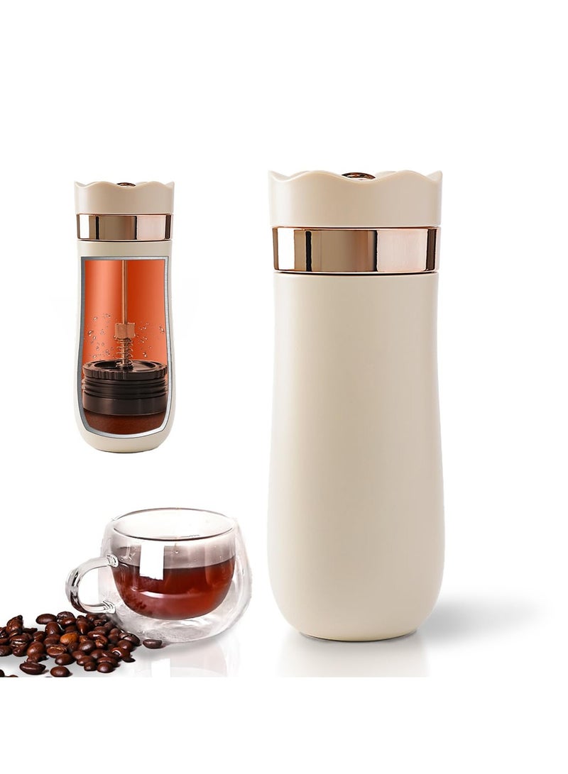 Portable French Press Travel Coffee Maker - 12oz Double-Walled Stainless Steel Vacuum Insulated Coffee & Tea Maker, Mini Filter Mug for On-the-Go Brewing (Ivory) - Image 1