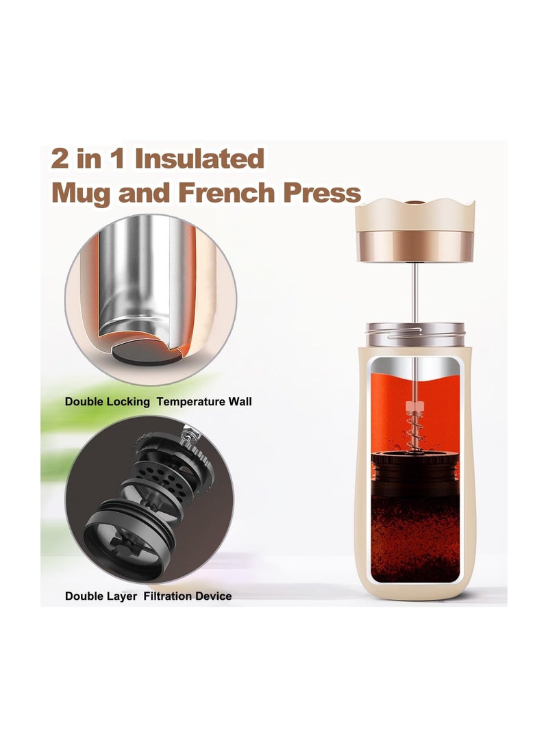 Portable French Press Travel Coffee Maker - 12oz Double-Walled Stainless Steel Vacuum Insulated Coffee & Tea Maker, Mini Filter Mug for On-the-Go Brewing (Ivory) - Image 2