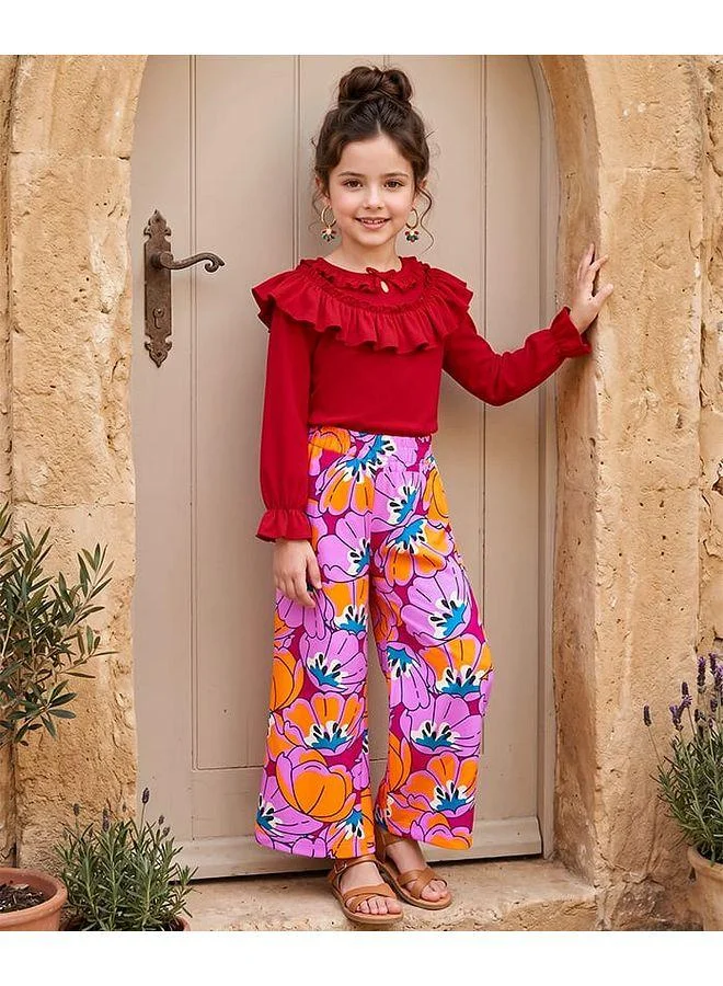 Ollington St. OLLINGTON ST. Sinker Knitted Top & Culottes Set With Floral Print - Multicolor