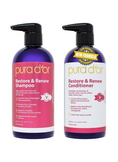 Pura d'or Restore & Renew Shampoo And Conditioner Set For Strong Healthy And Nourished Hair With Organic Aloe Vera Rosemary Oil Sea Buckthorn Cacay Oil Coconut Oil Seaberry Oil & Cedarwood Oil  - Image 1