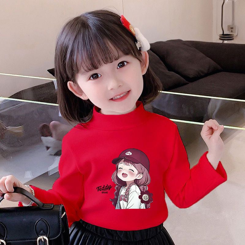 Girls' Semi-High Collar Velvet Casual Long-Sleeved T-Shirt Autumn New Arrival Medium And Large Children'S Wear Cartoon Printed Western Style Girls' Trendy T-Shirt - Image 1