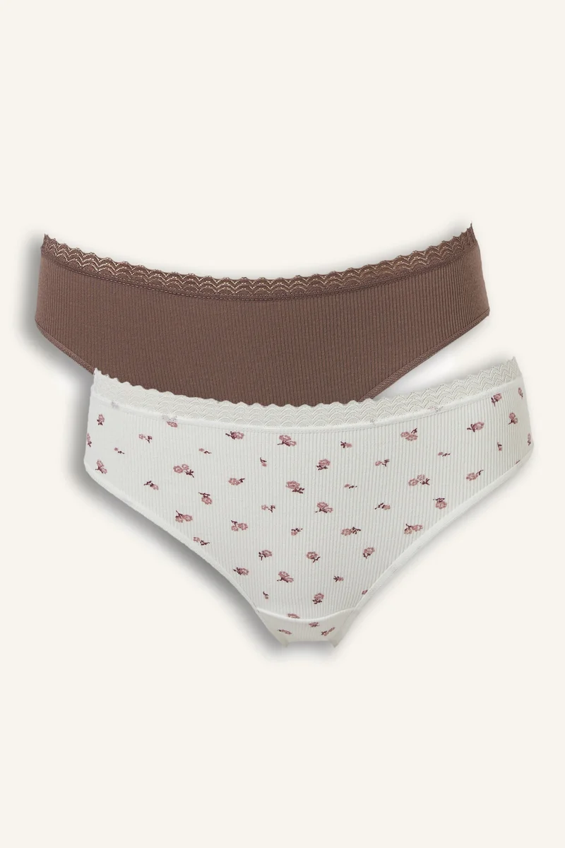 Ribbed Floral Lace Details 2 Piece Panties